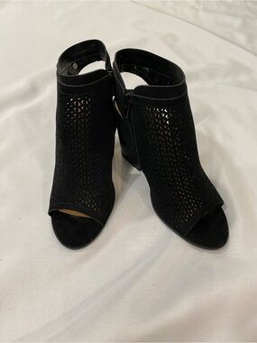 Soda Black Peep-Toe Laser-Cut Block Heel Booties